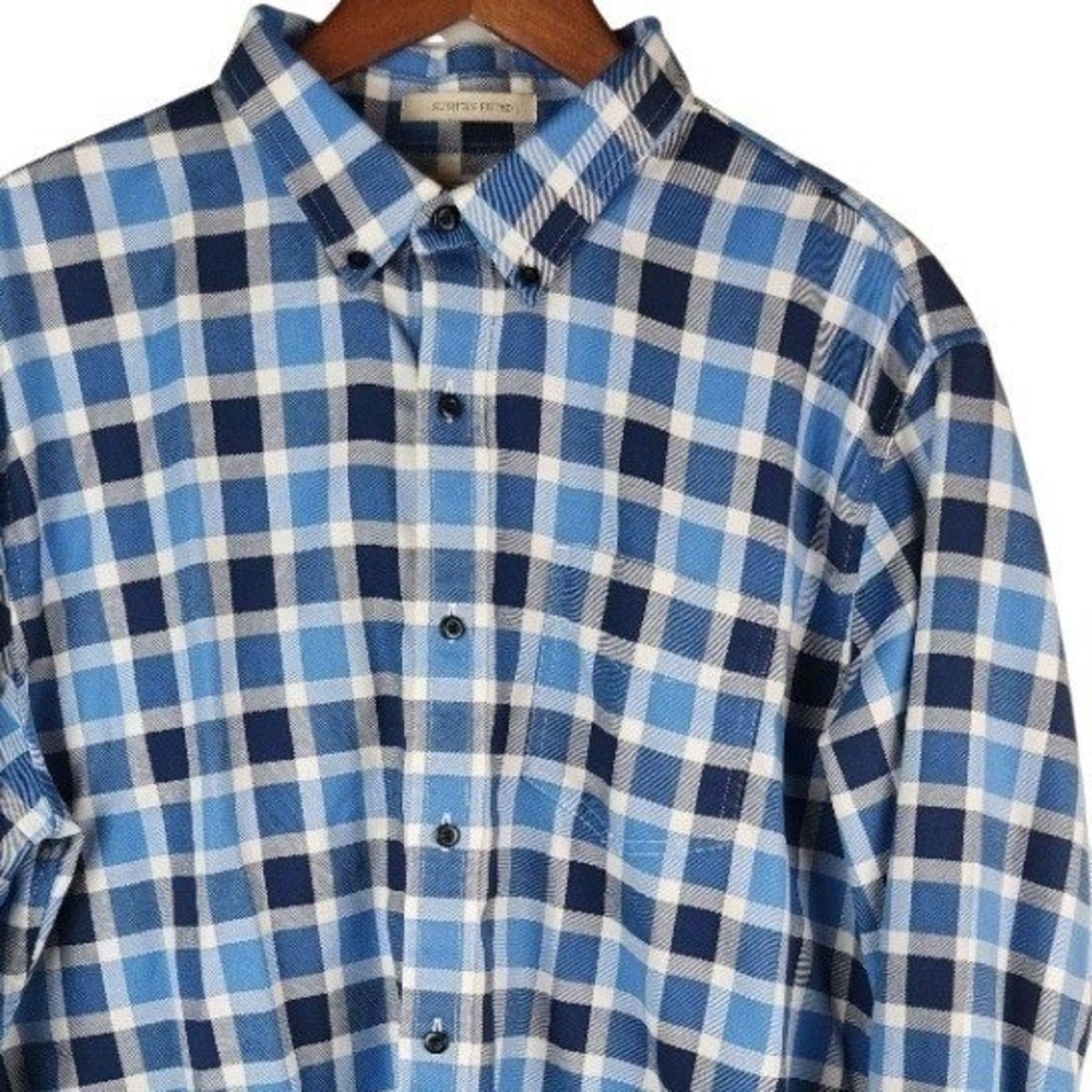 LL Bean Shirt Mens XL Blue Scotch Plaid Flannel Slightly Fitted Cabincore Rugged